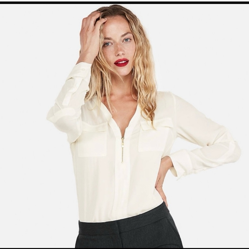 Express Top Womens  White Causal Capsule Base Layer Zip Popover